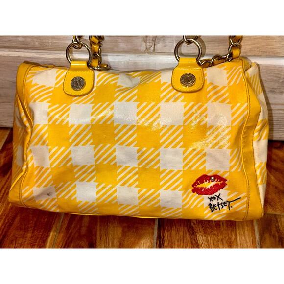 Betsey Johnson yellow Plaid Cherry Sequin tote Purse betseyville - Picture 9 of 16